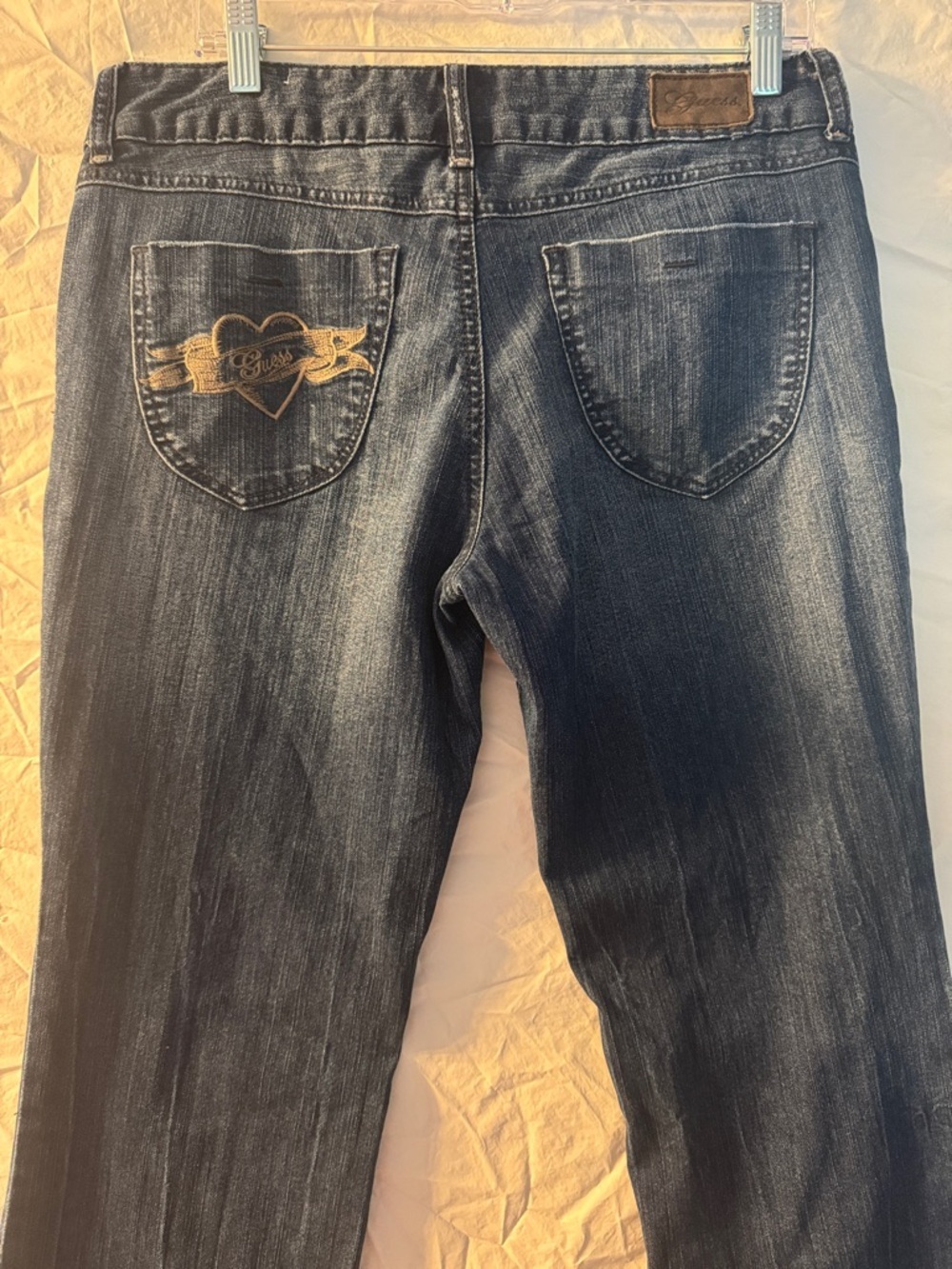 90’s Y2K Guess Low-Rise Blue Denim Jeans with Gold Heart Script Logo Back Pocket